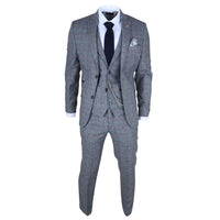 Traje de hombre de 3 piezas de lana tweed a cuadros azul claro y gris