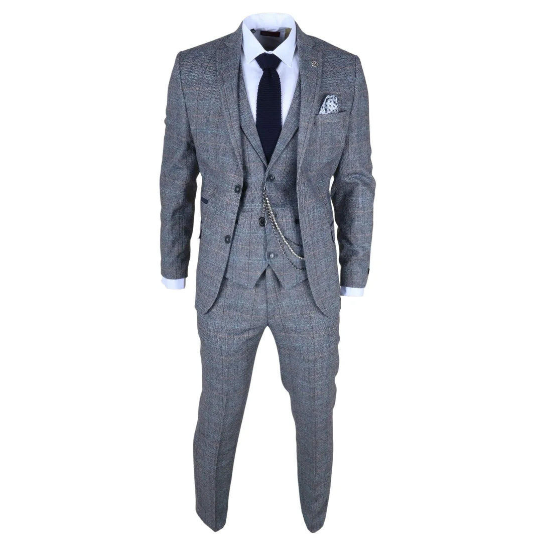 Traje de hombre de 3 piezas de lana tweed a cuadros azul claro y gris