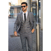 Traje de hombre de 3 piezas de lana tweed a cuadros azul claro y gris