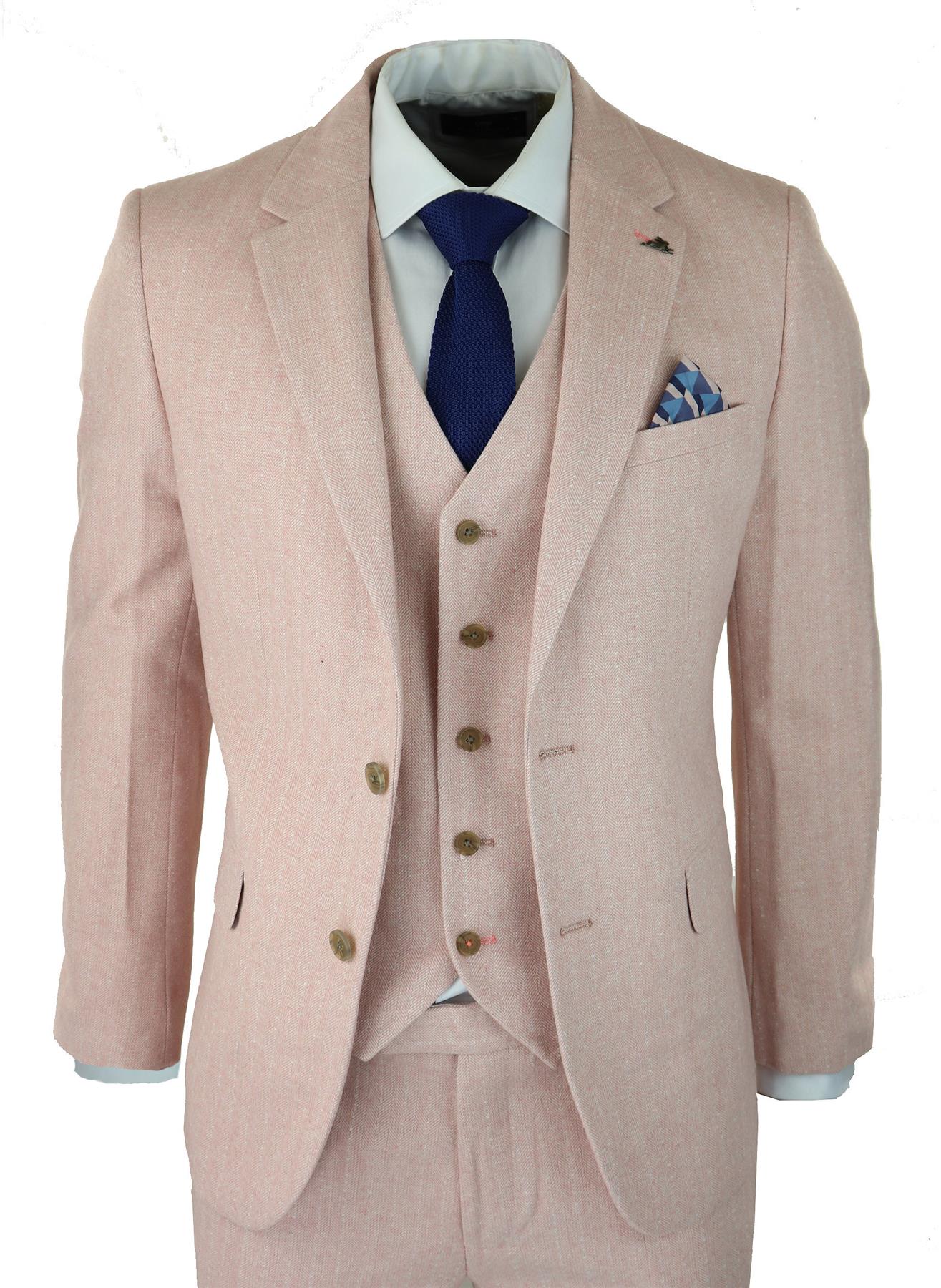 Traje de hombre de 3 piezas de tweed con espiga, rosa rubor, estilo retro vintage, corto, regular, largo