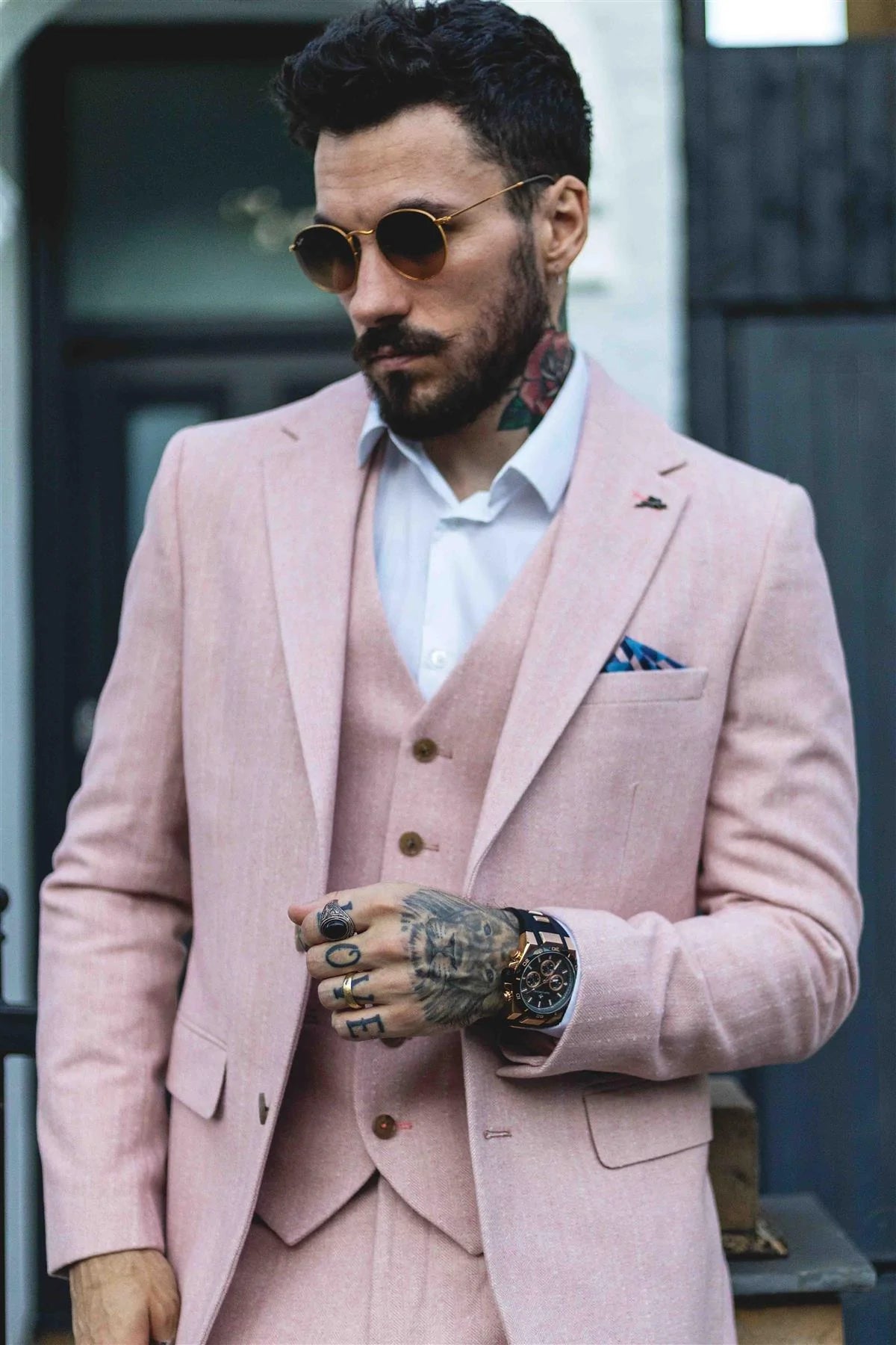 Traje de hombre de 3 piezas de tweed con espiga, rosa rubor, estilo retro vintage, corto, regular, largo