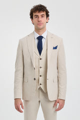 Traje de boda de verano de lino de 3 piezas para hombre TP-21, color beige.
