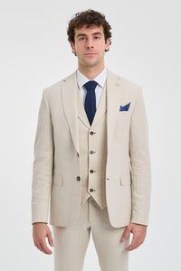 Traje de boda de verano de lino de 3 piezas para hombre TP-21, color beige.