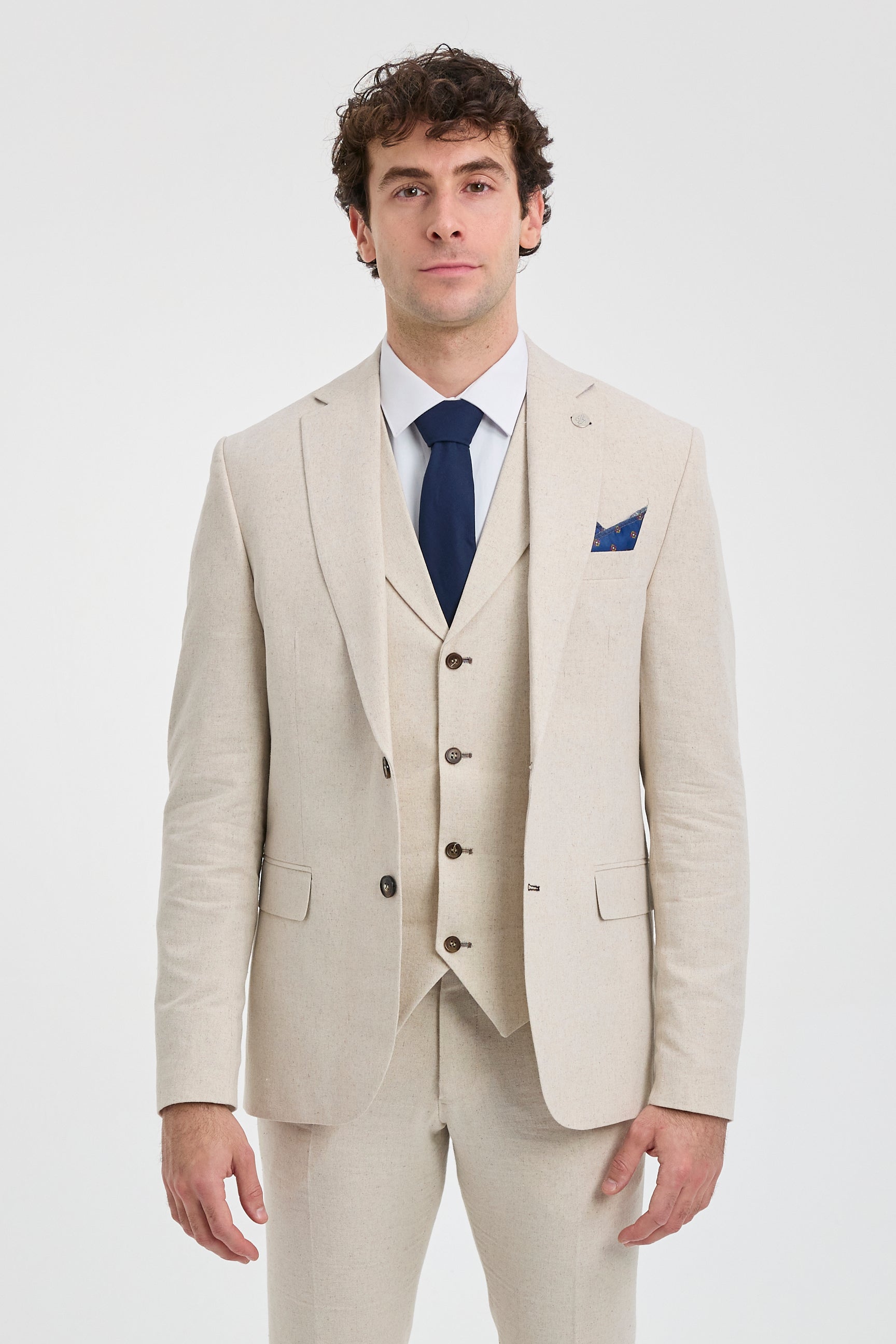 Traje de boda de verano de lino de 3 piezas para hombre TP-21, color beige.