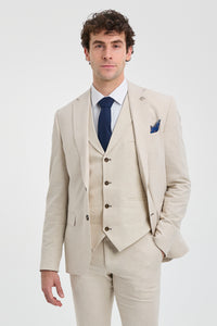 Traje de boda de verano de lino de 3 piezas para hombre TP-21, color beige.