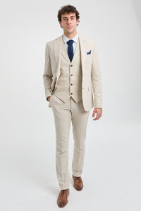 Traje de boda de verano de lino de 3 piezas para hombre TP-21, color beige.