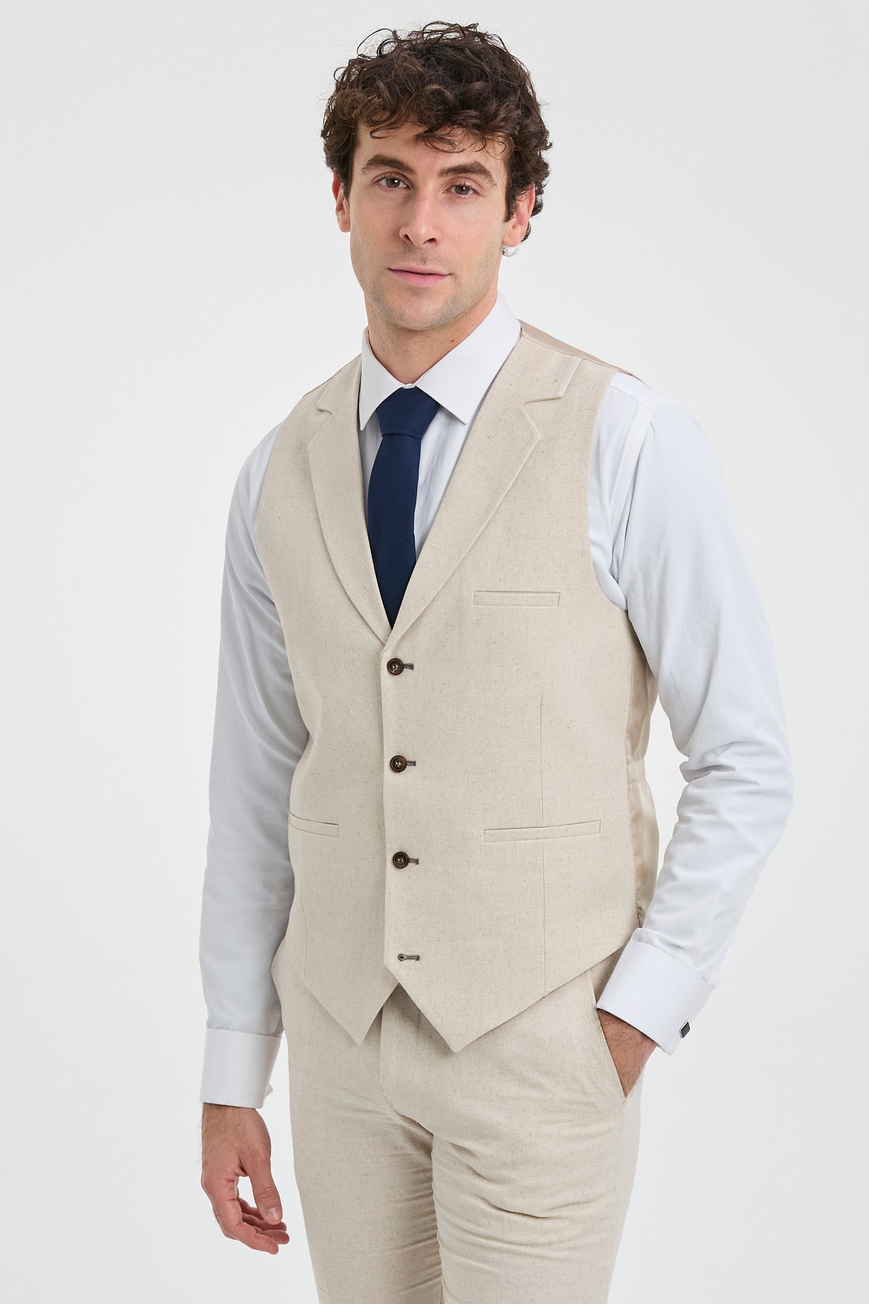Traje de boda de verano de lino de 3 piezas para hombre TP-21, color beige.