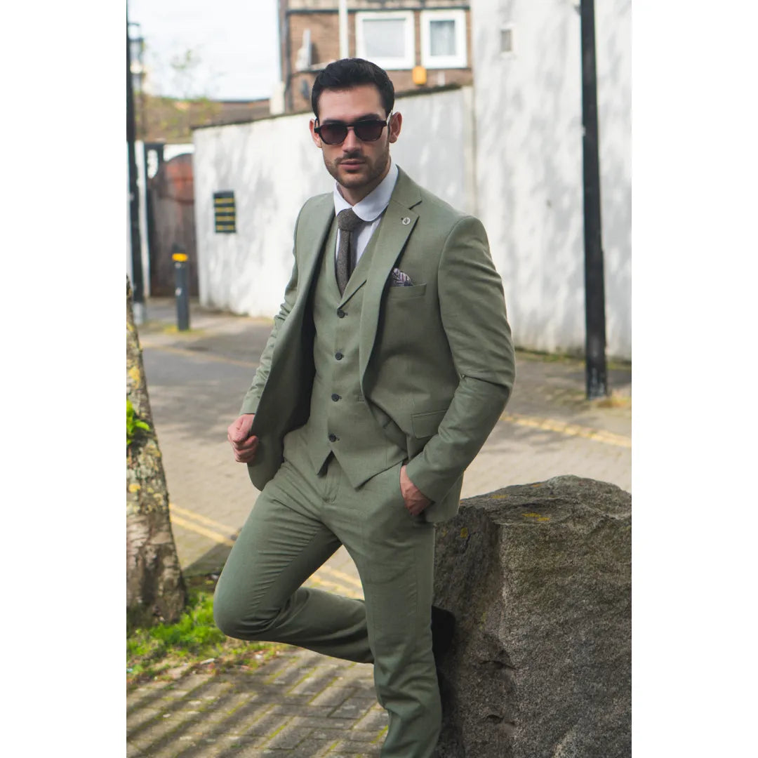 Traje de boda de verano de lino de 3 piezas para hombre TP-22, color verde salvia.