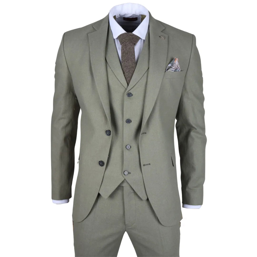 Traje de boda de verano de lino de 3 piezas para hombre TP-22, color verde salvia.