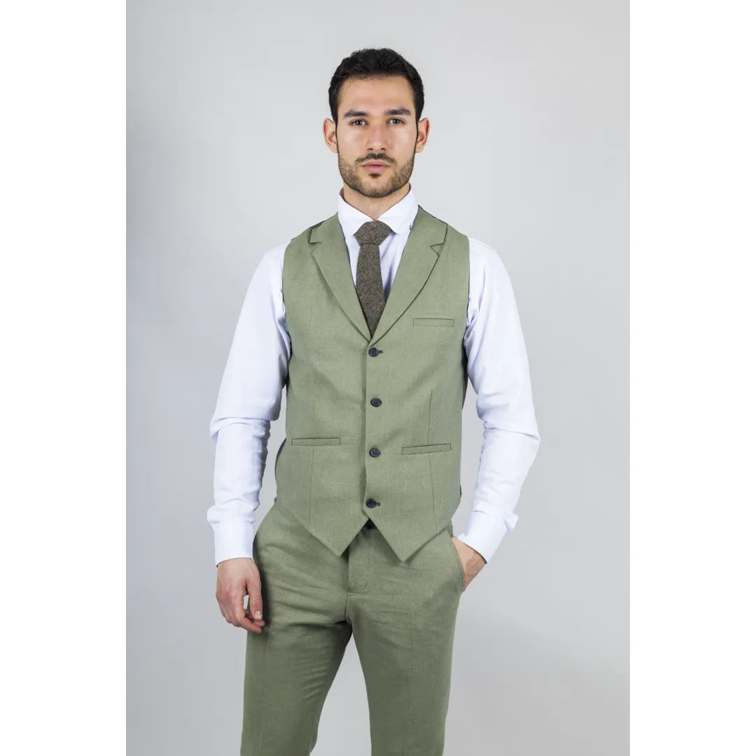 Traje de boda de verano de lino de 3 piezas para hombre TP-22, color verde salvia.