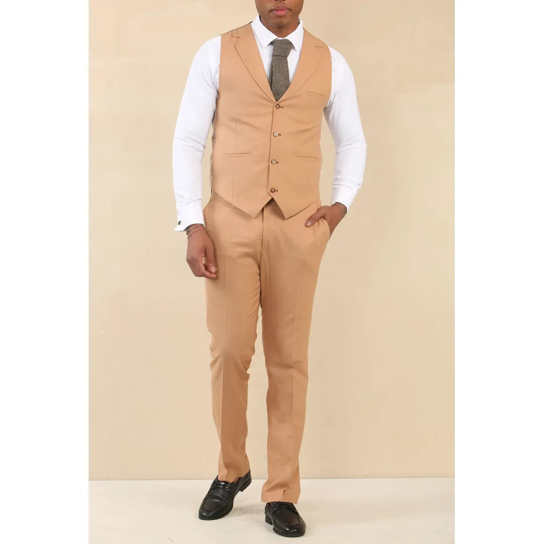 TP-23 - Traje de boda de verano de lino de 3 piezas para hombre, color camel