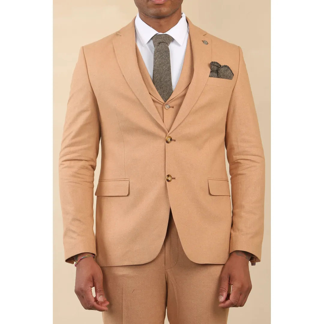 TP-23 - Traje de boda de verano de lino de 3 piezas para hombre, color camel