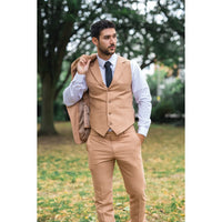 TP-23 - Traje de boda de verano de lino de 3 piezas para hombre, color camel