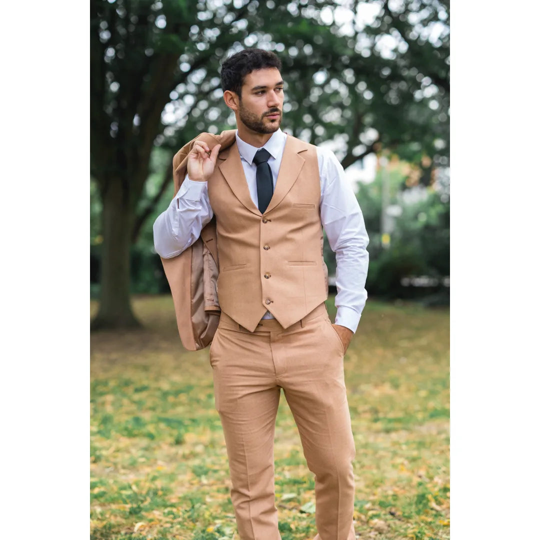 TP-23 - Traje de boda de verano de lino de 3 piezas para hombre, color camel