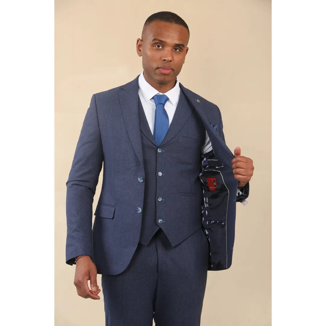 TP-24 - Traje de boda de verano de lino de 3 piezas para hombre, color azul marino