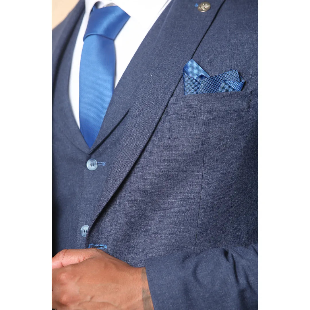 TP-24 - Traje de boda de verano de lino de 3 piezas para hombre, color azul marino