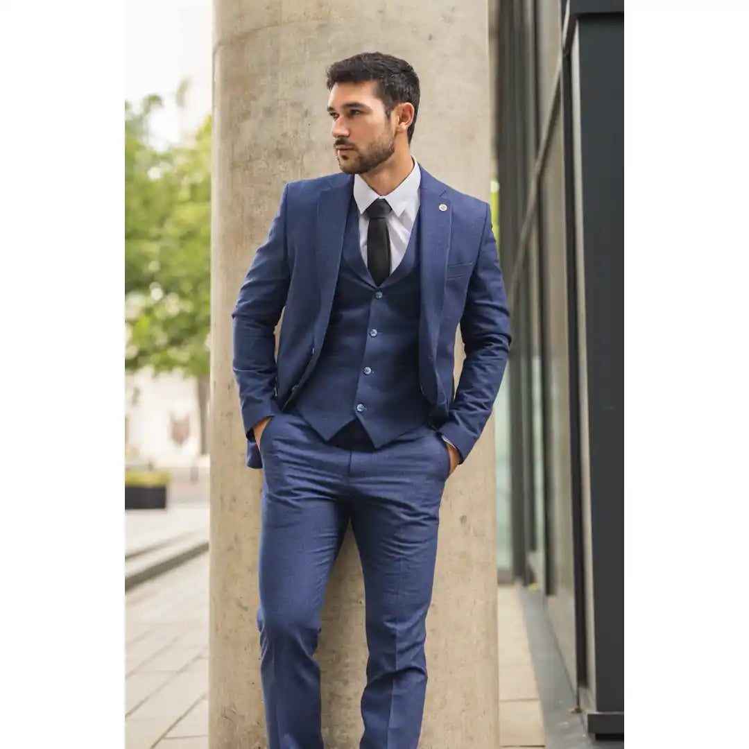 TP-24 - Traje de boda de verano de lino de 3 piezas para hombre, color azul marino