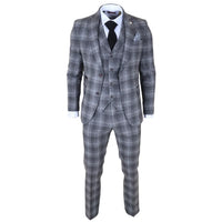 Traje de tres piezas para hombre de tweed gris a cuadros.