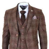 Traje de tres piezas para hombre de tweed marrón a cuadros