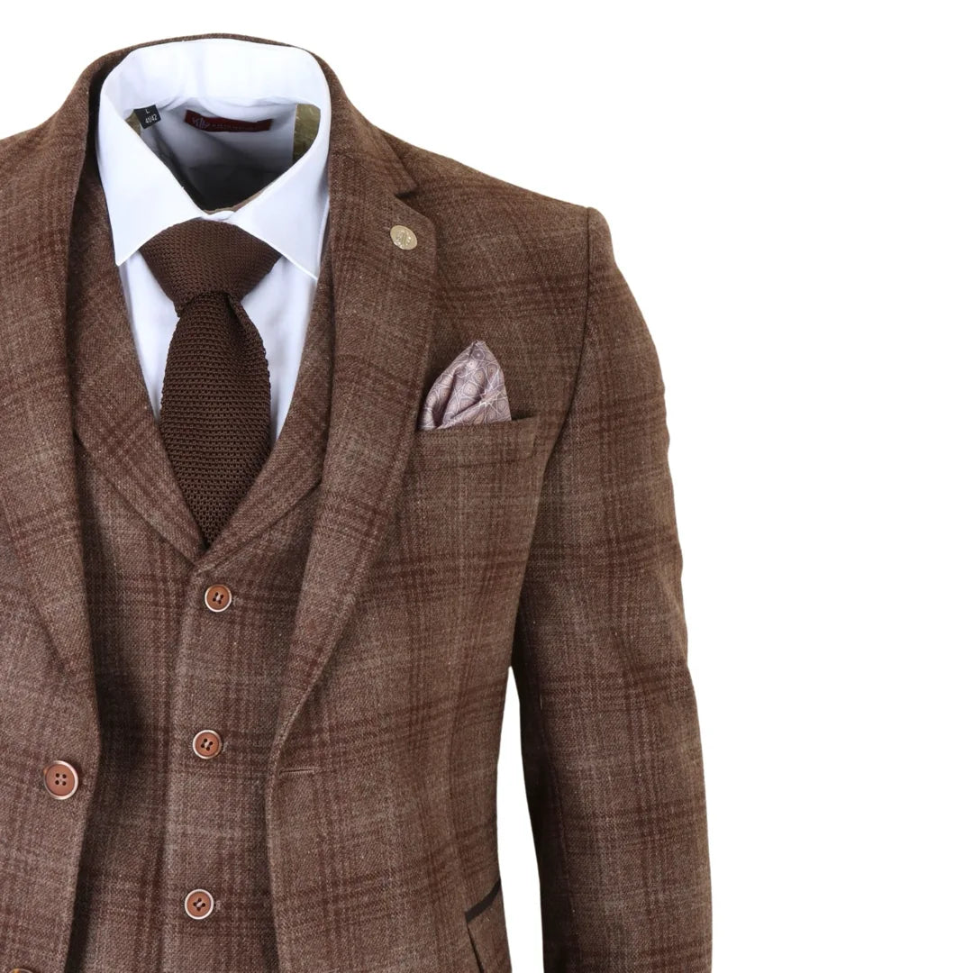 Traje de tres piezas para hombre de tweed marrón a cuadros