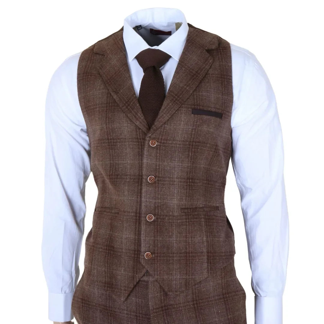 Traje de tres piezas para hombre de tweed marrón a cuadros