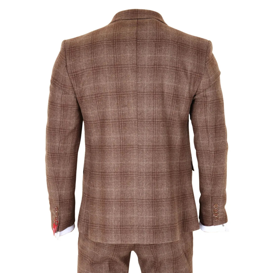 Traje de tres piezas para hombre de tweed marrón a cuadros