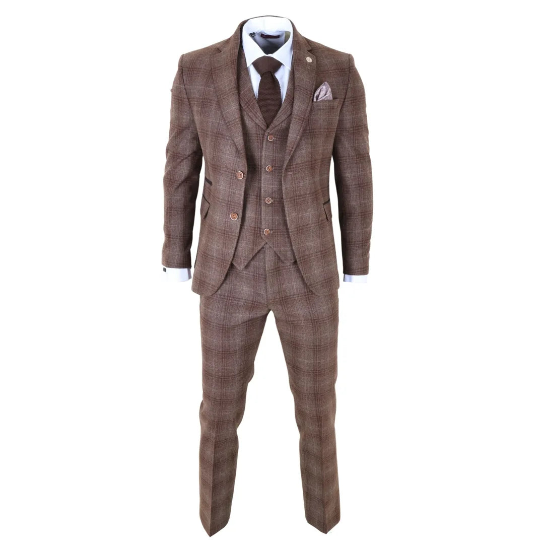 Traje de tres piezas para hombre de tweed marrón a cuadros