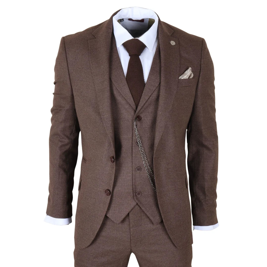TP-50 - Traje de hombre de 3 piezas marrón con estampado Príncipe de Gales