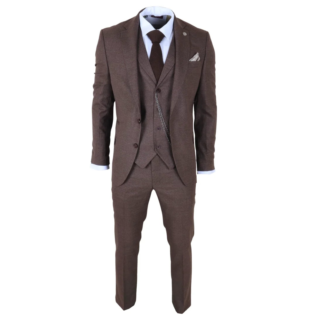 TP-50 - Traje de hombre de 3 piezas marrón con estampado Príncipe de Gales