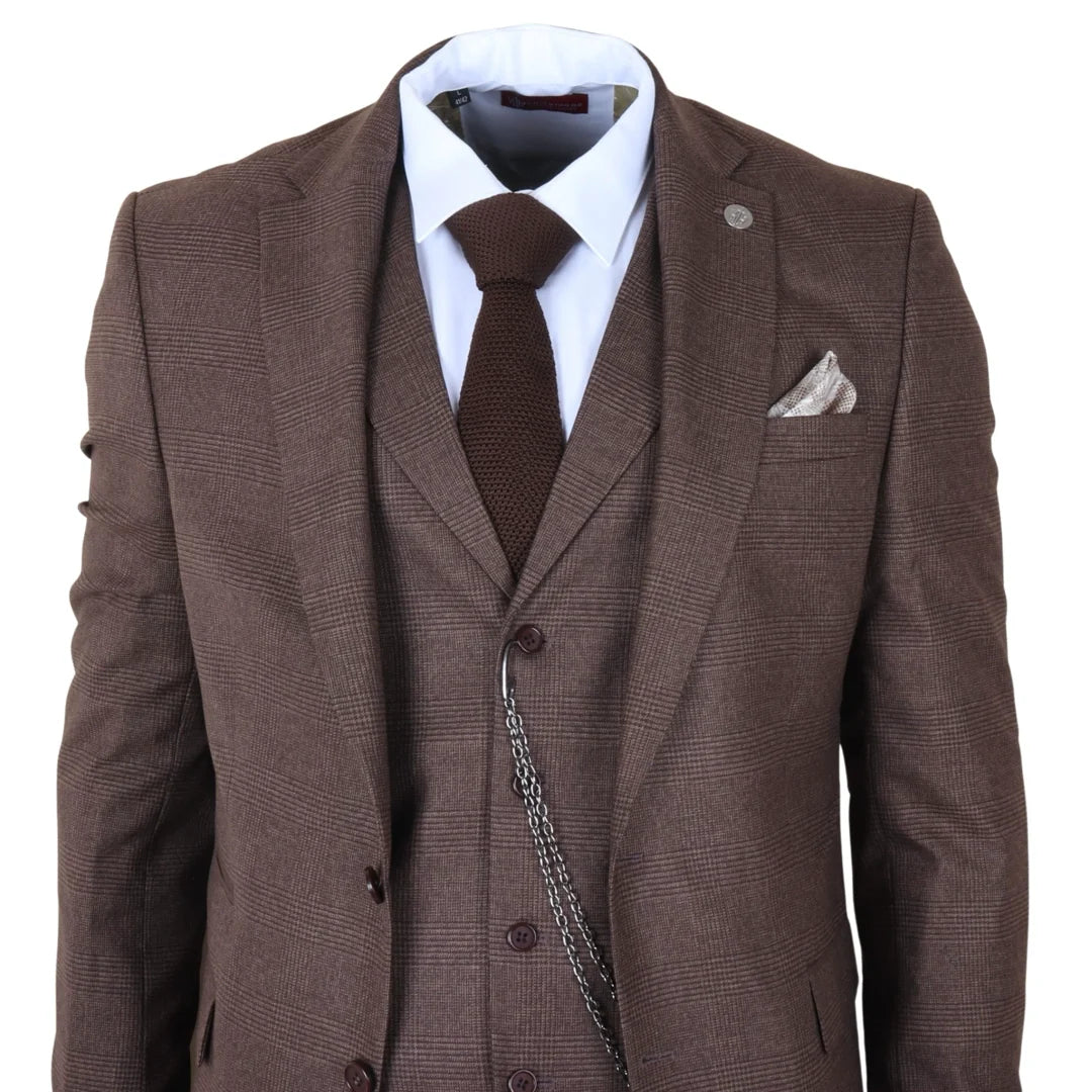TP-50 - Traje de hombre de 3 piezas marrón con estampado Príncipe de Gales