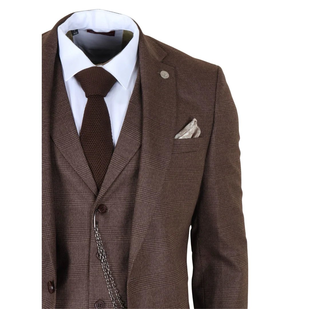 TP-50 - Traje de hombre de 3 piezas marrón con estampado Príncipe de Gales