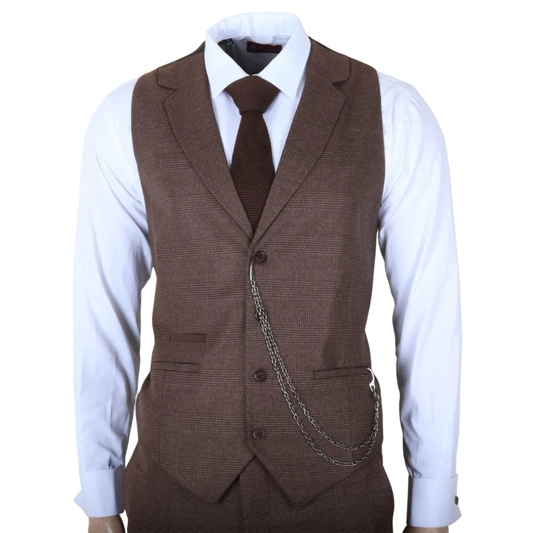 TP-50 - Traje de hombre de 3 piezas marrón con estampado Príncipe de Gales