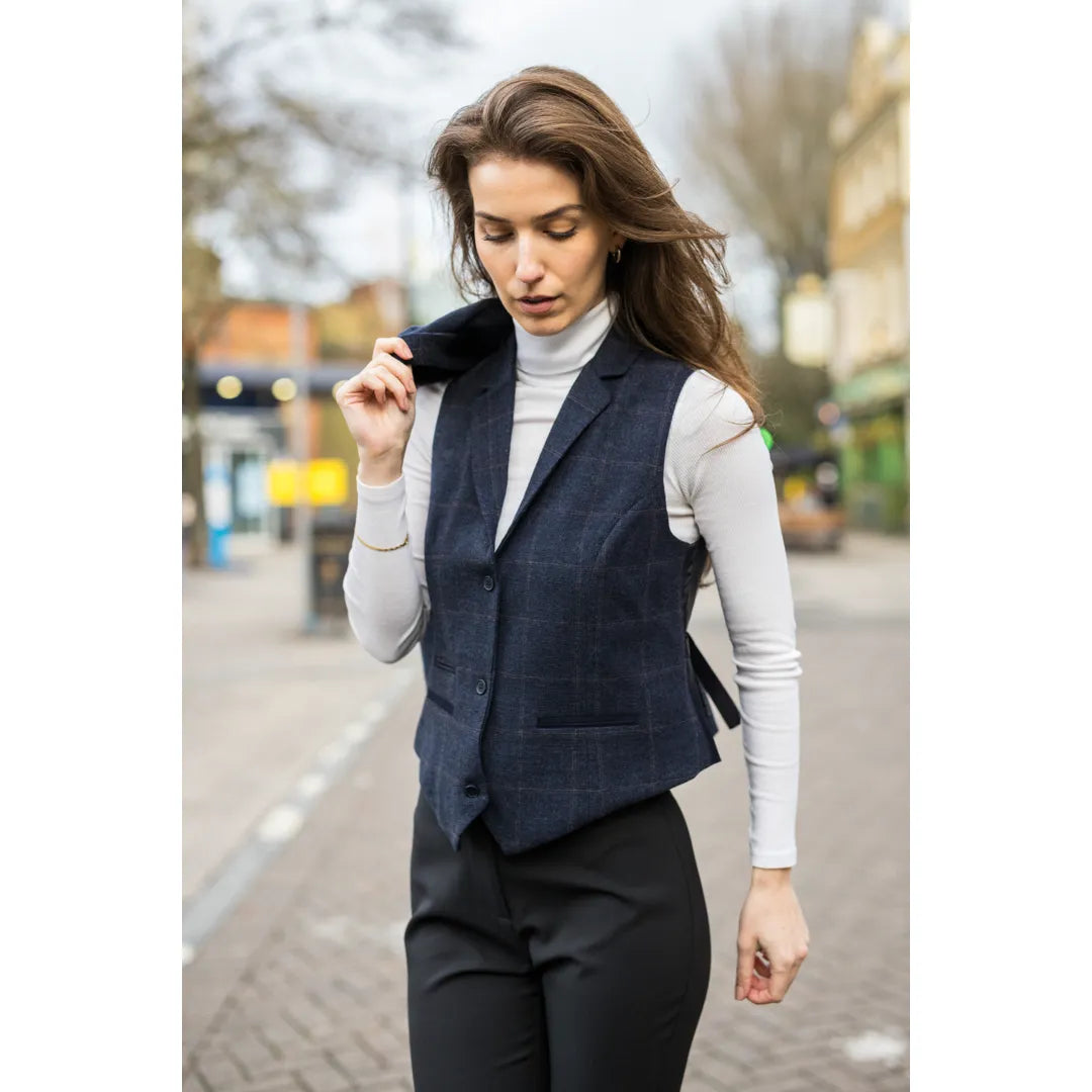 TPSTZ72 - Chaleco tipo blazer de tweed azul marino para mujer