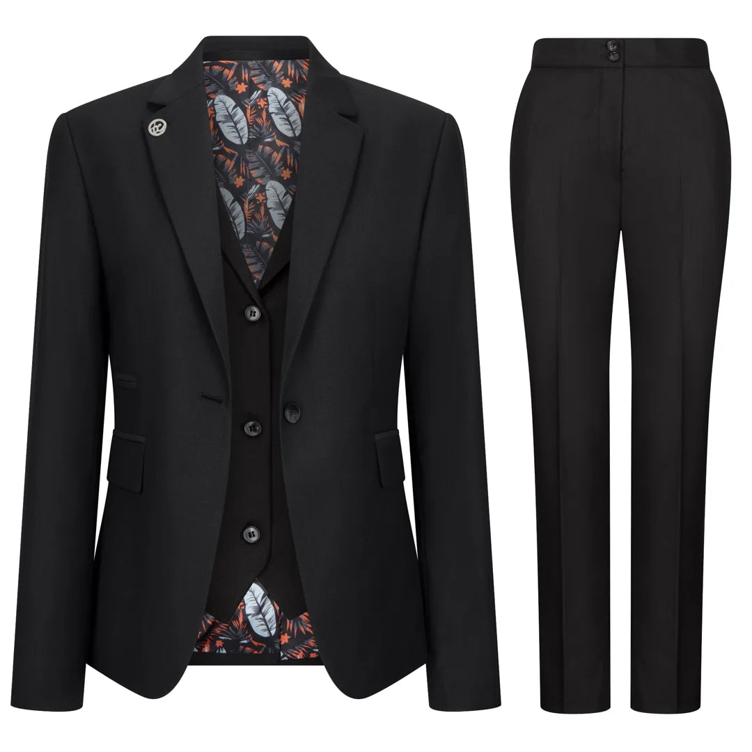 TPW-13 - Traje de tres piezas liso negro para mujer