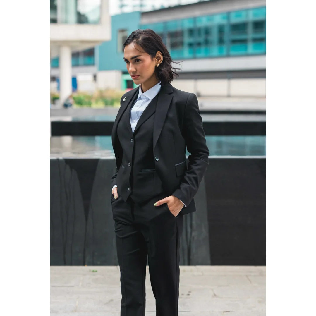 TPW-13 - Traje de tres piezas liso negro para mujer