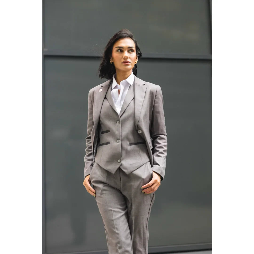 TPW-15 - Traje de tres piezas gris liso para mujer