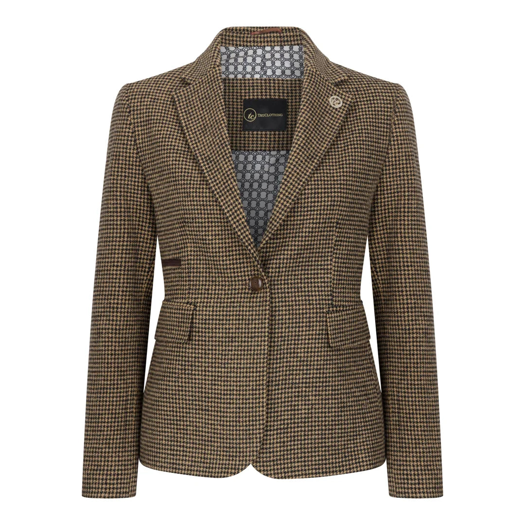 TPW-20 - Blazer de mujer de mezcla de lana marrón con estampado de pata de gallo y tweed