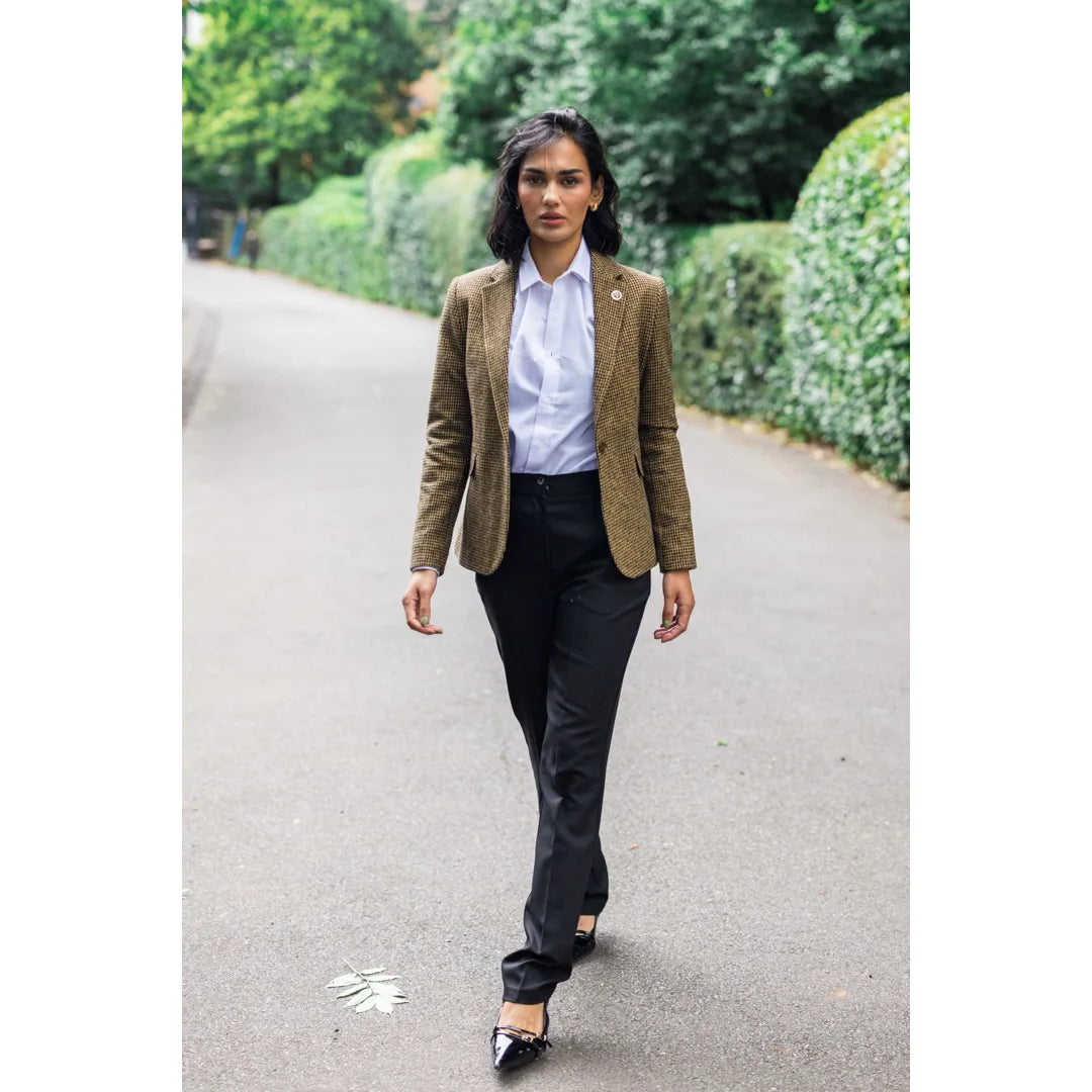TPW-20 - Blazer de mujer de mezcla de lana marrón con estampado de pata de gallo y tweed