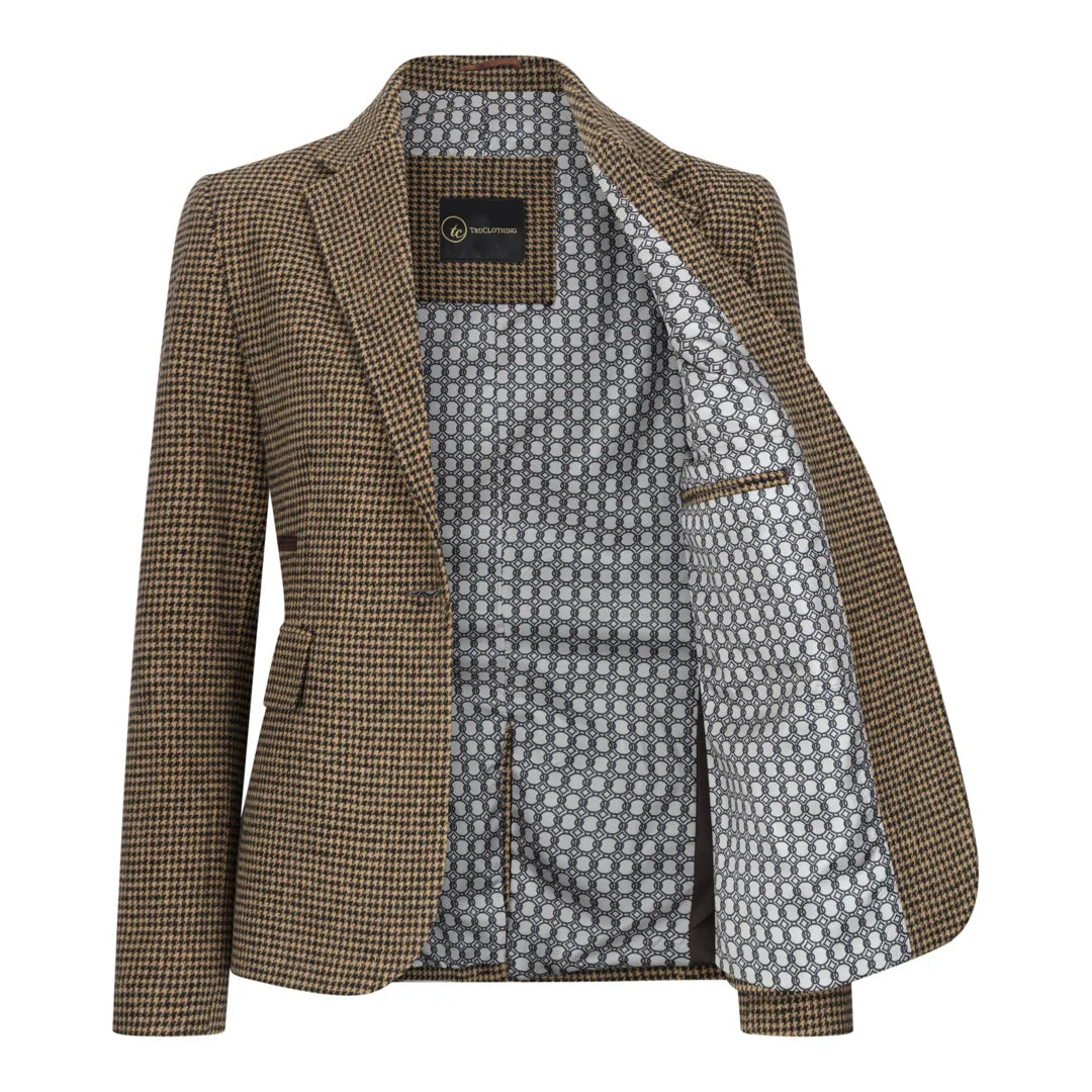 TPW-20 - Blazer de mujer de mezcla de lana marrón con estampado de pata de gallo y tweed