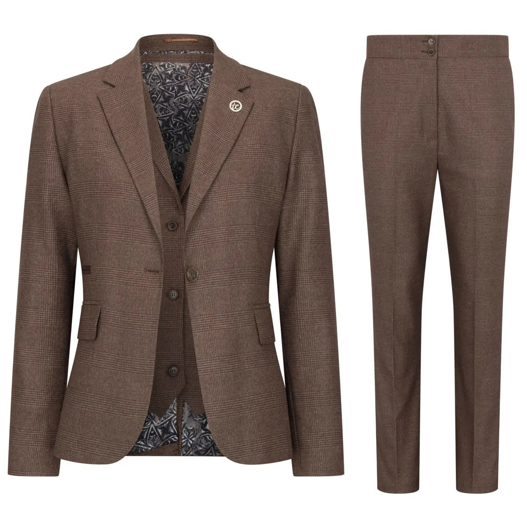TPW50 - Traje de tres piezas marrón con estampado Príncipe de Gales para mujer
