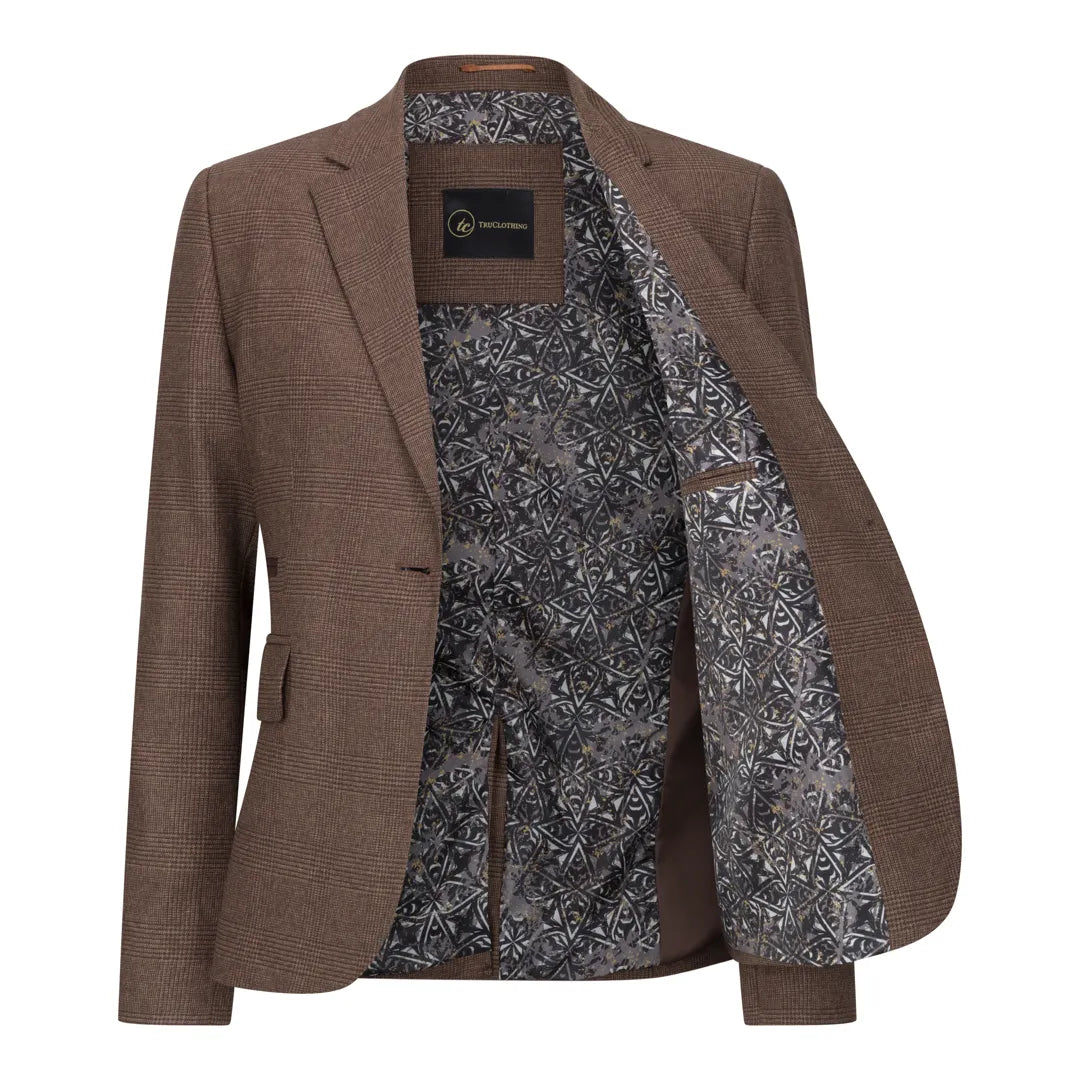 TPW50 - Traje de tres piezas marrón con estampado Príncipe de Gales para mujer