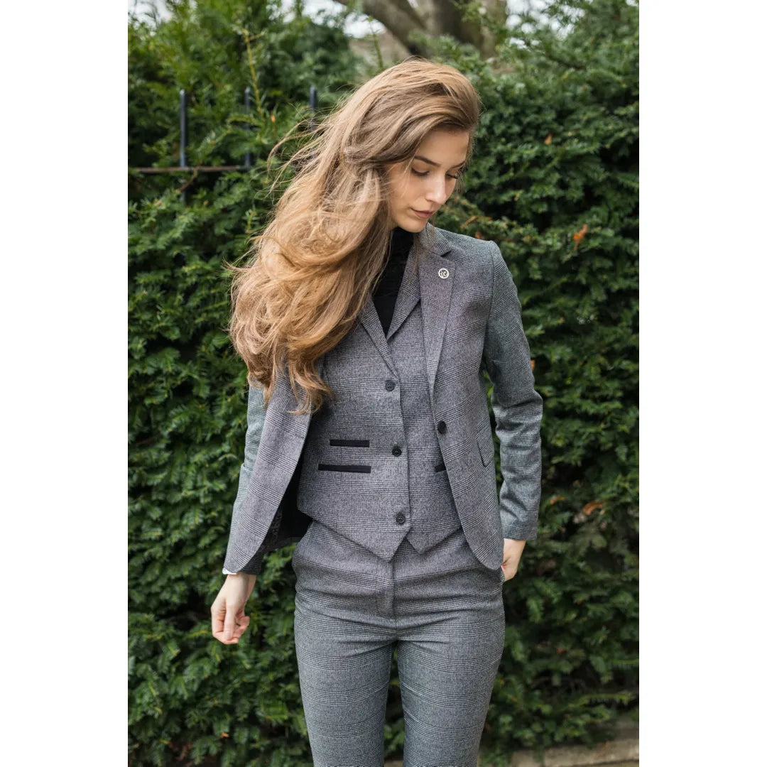 TPW51 - Traje de tres piezas gris con estampado Príncipe de Gales para mujer