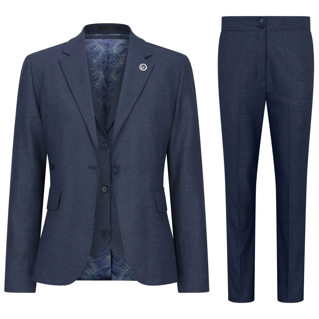 TPW52 - Traje de tres piezas azul marino con estampado Príncipe de Gales para mujer