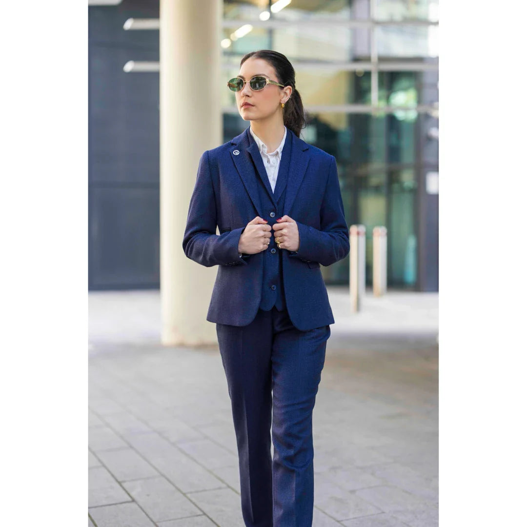 TPW-AK-04 - Traje de tres piezas de tweed con estampado de espiga azul marino para mujer