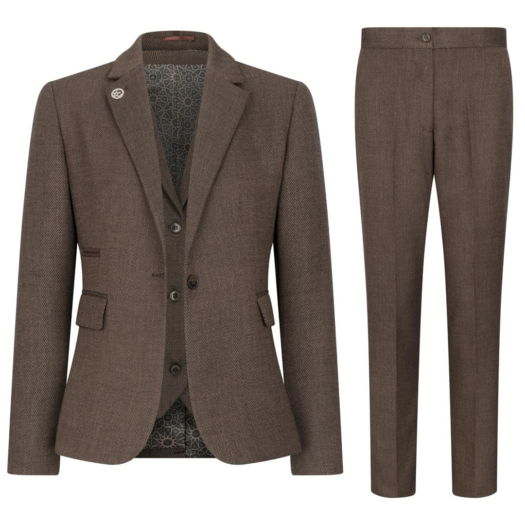 TPW-AK-06 - Traje de tres piezas de tweed con estampado de espiga para mujer, color marrón.