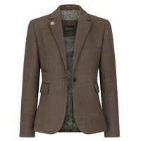 TPW-AK-06 - Traje de tres piezas de tweed con estampado de espiga para mujer, color marrón.
