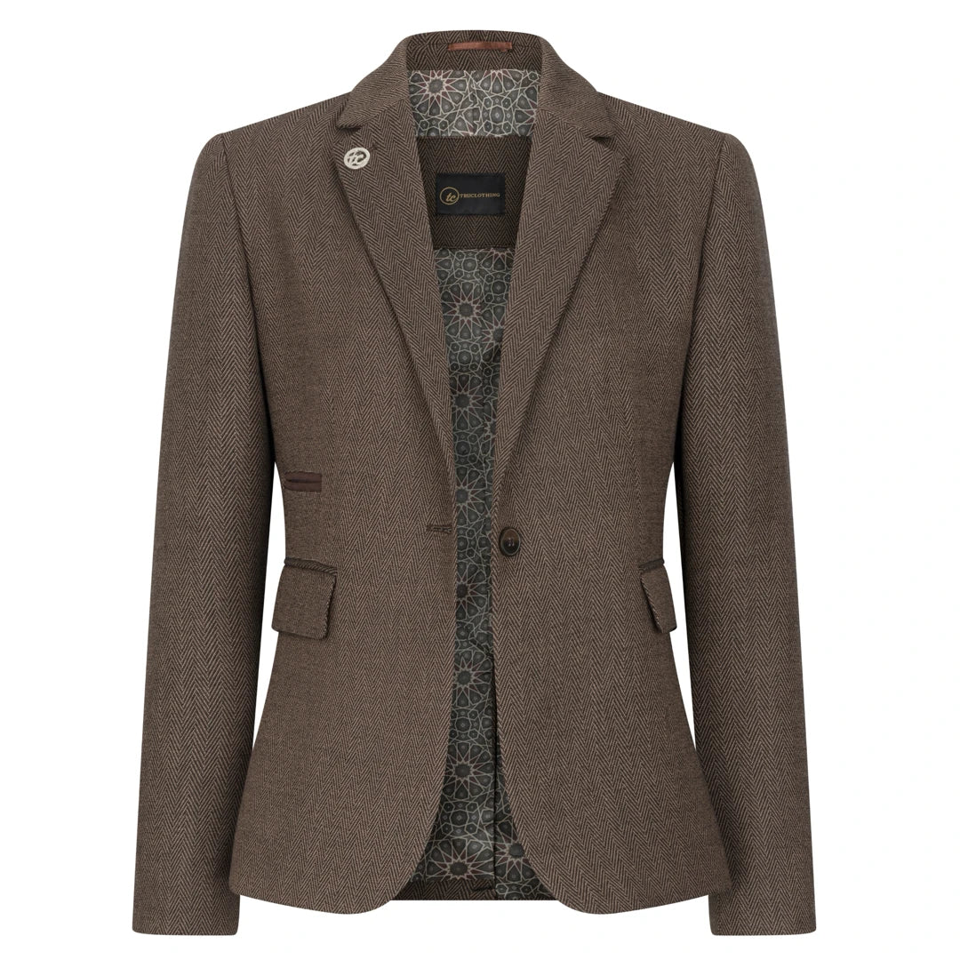 TPW-AK-06 - Traje de tres piezas de tweed con estampado de espiga para mujer, color marrón.