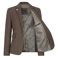 TPW-AK-06 - Traje de tres piezas de tweed con estampado de espiga para mujer, color marrón.