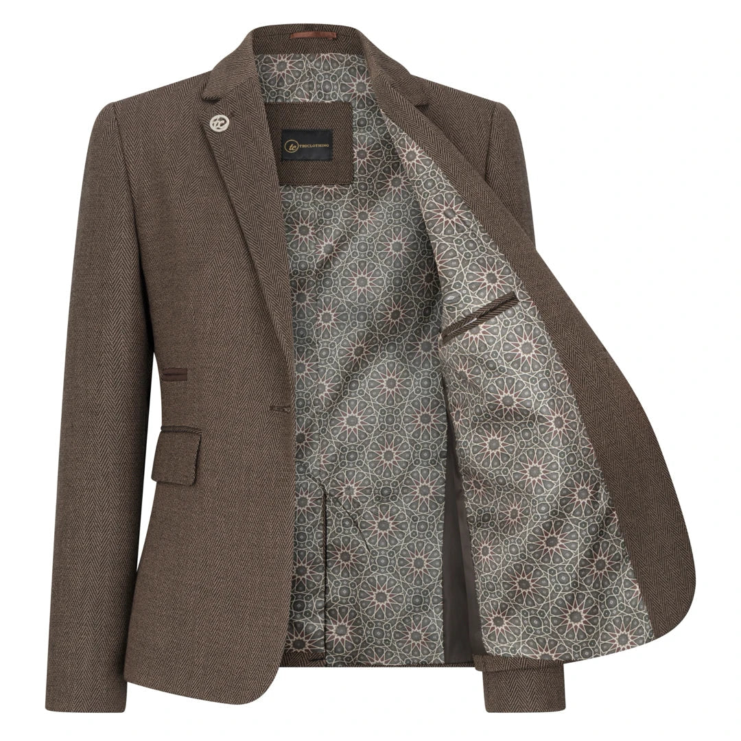 TPW-AK-06 - Traje de tres piezas de tweed con estampado de espiga para mujer, color marrón.