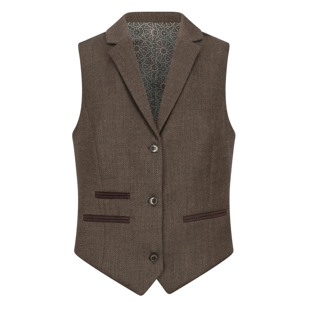TPW-AK-06 - Traje de tres piezas de tweed con estampado de espiga para mujer, color marrón.